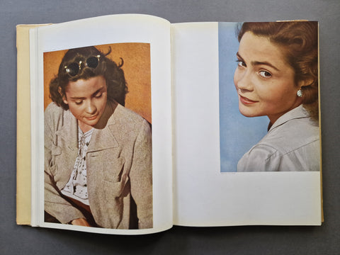 An open book spread showing two colour portraits of the same woman on opposing pages