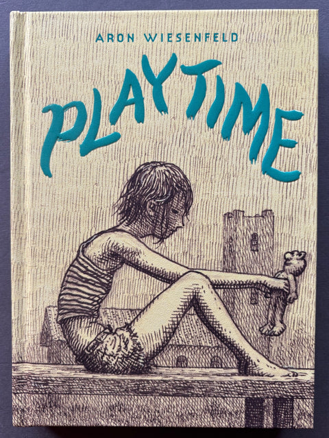 Book titled 'Playtime' by Aron Wiesenfeld with a beige cover and blue type featuring the image of a child holding a teddy bear.
