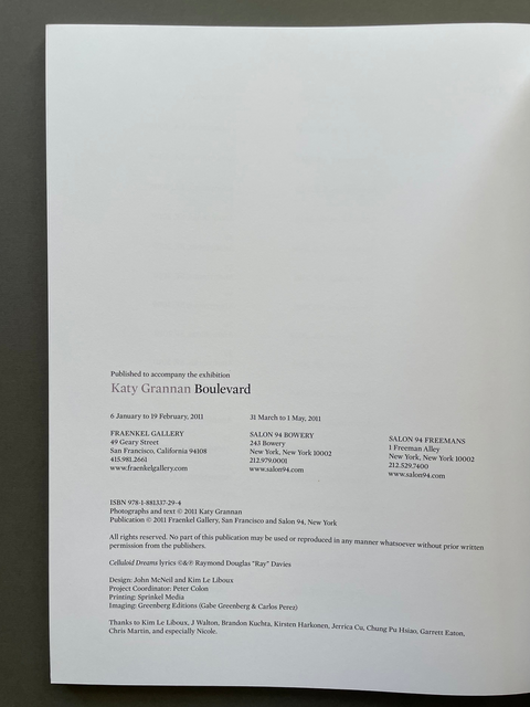The back cover of a publication, featuring black text on a white background with publication details for 'Katy Grannan Boulevard' and 'Fraenkel Gallery'.