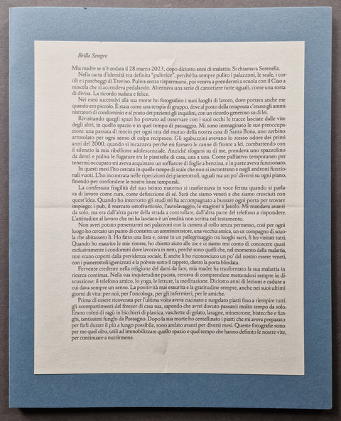 The light blue paperback cover of Brilla sempre by Matteo de Mayda with a sheet of text glue on it