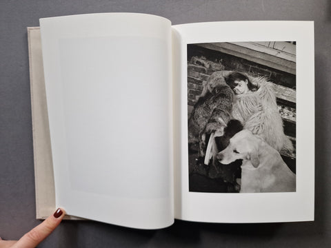 An open book, showing a black-and-white printed photograph of a girl and two dogs on the right page, with a hand holding the left page.