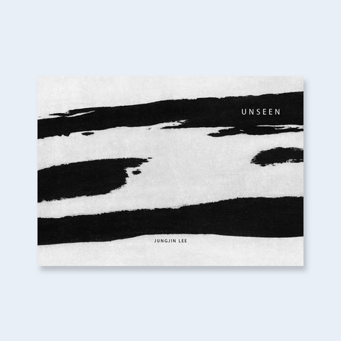 A minimalist book cover featuring bold black abstract brushstrokes on a textured off-white background, with the text 'UNSEEN' and 'JUNGJIN LEE' printed in white.