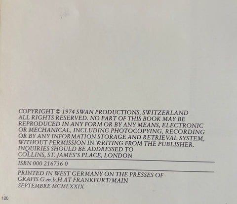A close-up of a book's copyright page printed in black text on an off-white page, showing publisher details for Swan Productions and printing press information.
