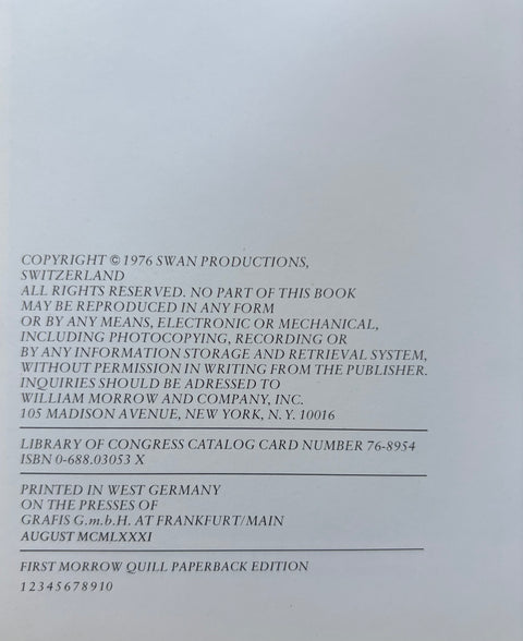 A light gray page showing printed copyright and publication details for a Swan Productions book, including publisher information, ISBN, and edition text.