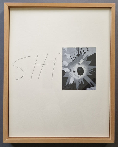 A framed art publication featuring a black and white photographs of a bowling poster, set against a large off-white background with the word 'SHIT' handwritten in pencil on the left. The piece is enclosed in a light natural wood frame.