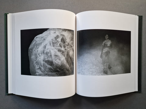 An open hardcover book, showing two printed black-and-white photographs on the pages: a close-up textured scene on the left and a standing figure in a misty scene on the right.