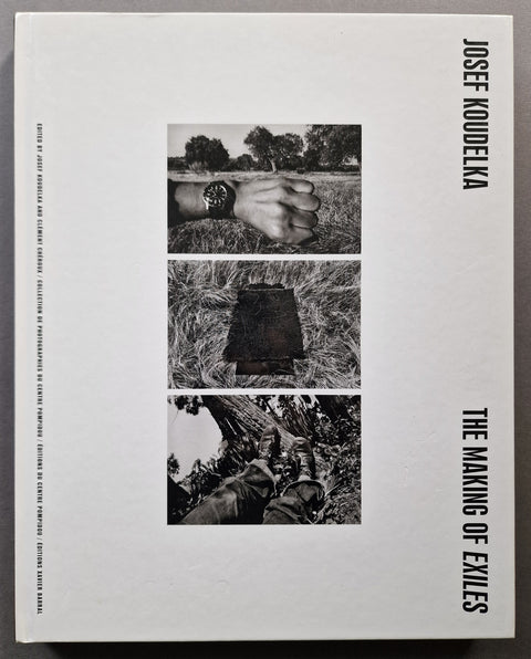 The photobook cover of Josef Koudelka's The Making of Exiles. Cover is white with three images.