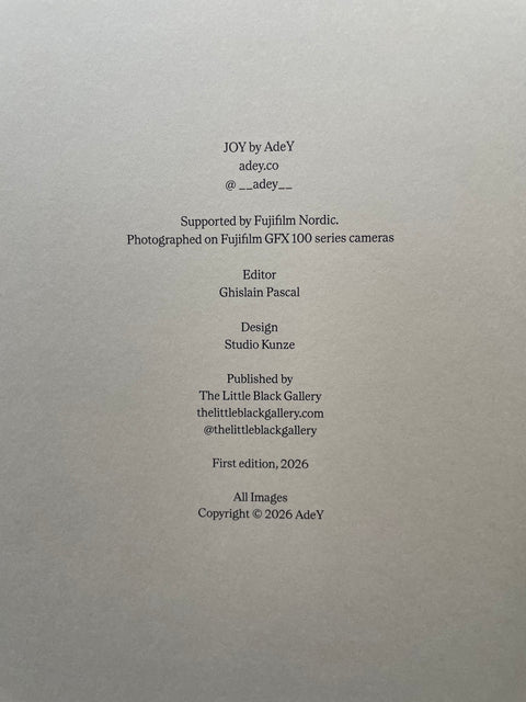 A plain light gray or off-white paper background with centered black printed text listing credits and publication details for a work titled JOY by AdeY.