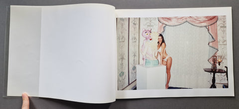 An open book showing a photo of supermodel Stephanie Seymour in lingerie standing next to a statue of pink panther hugging a blonde woman