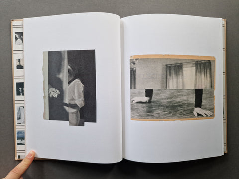 An open book, showing two interior pages with black-and-white photographic collages.