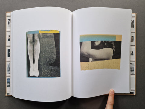 An open book spread showing to collages