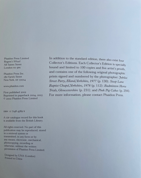A photographed book cover or printed publication page with publisher text from Phaidon Press Limited, including publication details, ISBN, and a note about collector editions and included photographs.