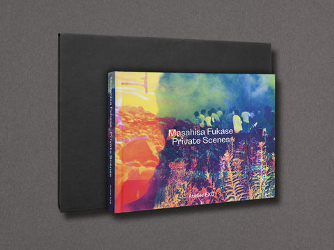 A hardcover art book titled 'Masahisa Fukase Private Scenes' displayed at an angle in front of its black slipcover against a textured gray background.