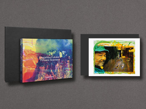 A book cover titled 'Masahisa Fukase Private Scenes' shown in front of a black sleeve, alongside a matching printed artwork on a dark gray background.