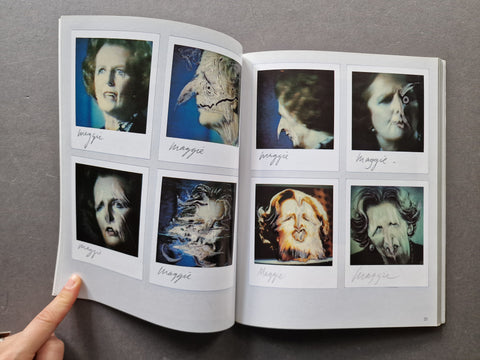An open book showing six distorted polaroid portraits or Margaret Thatcher labeled 'Maggie' on the pages