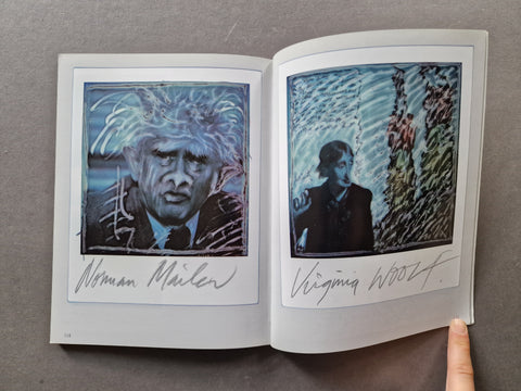 An open book showing two big distorted polaroids on each page on the right is Virginia Woolf