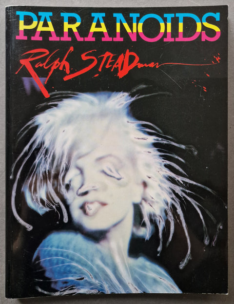 A book cover titled 'PARANOIDS' with 'Ralph Steadman' in red script, featuring a stylized portrait of Marilyn Monroe