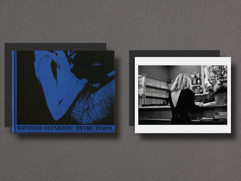Cover of Entre temps by Raymond Depardon in navy accompanied by a signed limited edition print of a woman standing at a bar with her back to the camera