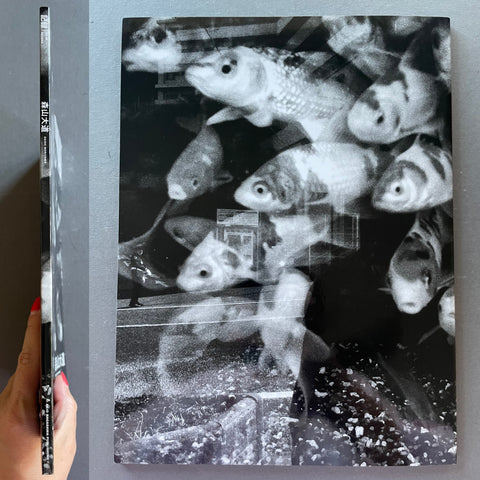 Person holding a book with a black and white collage of fish on the cover