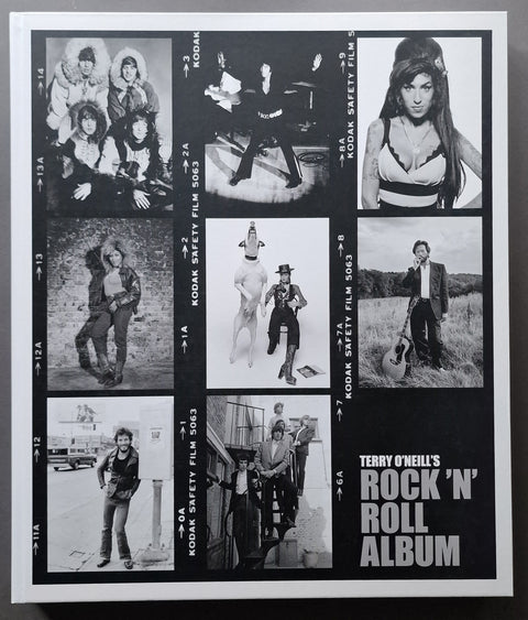 Terry O'Neill's 'Rock 'N' Roll Album' book cover featuring a black and white grid of nine film stills with Kodak Safety Film borders and bold white title text on a black background.