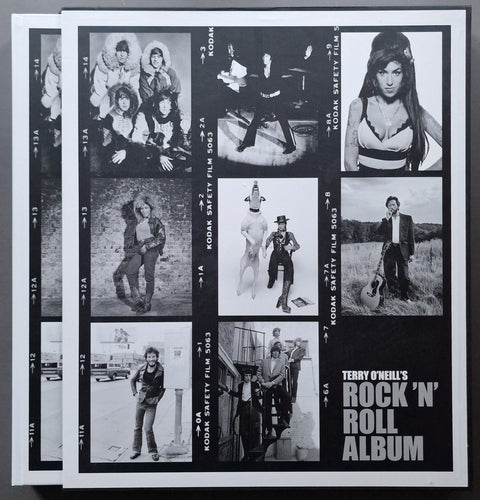 A square book cover for Terry O'Neill's 'Rock 'N' Roll Album' featuring a black-and-white collage of vintage film stills arranged like Kodak film strips, with the album title in large white text on a black background in the lower right.
