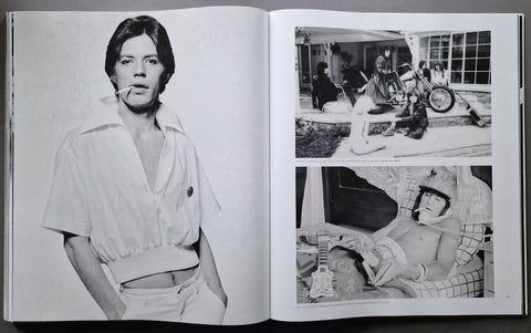 An open book spread showing black-and-white photographs. The left page features a large portrait of a person in a light shirt, and the right page contains two smaller black-and-white scene photographs.
