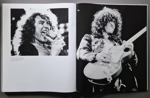 An open book spread showing two black-and-white photos of a curly-haired musician, with one page featuring a close-up portrait and the other showing the musician playing an electric guitar.