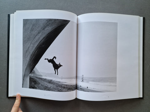 An open hardcover book showing a black-and-white photographic print of a dog leaping under a large arch near a beach.