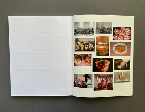An open white art book or photo album laid flat on a dark gray surface, with the left page featuring embossed geometric outlines and the right page filled with a collage of small photographs.