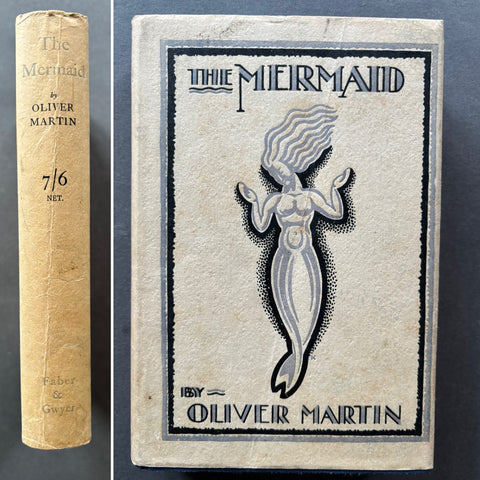 The image shows the cover and spine of a book titled 'The Mermaid' by Olivier Martin. The cover features a drawing of a mermaid, and the spine displays the title and price of 7/6.