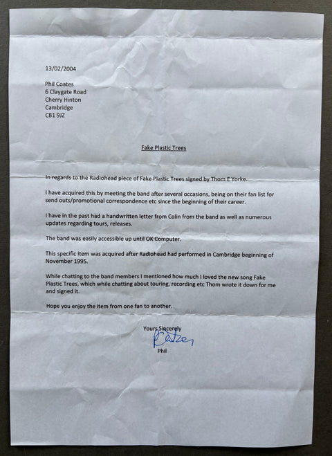 Fake Plastic Trees lyrics, written and signed by Thom Yorke