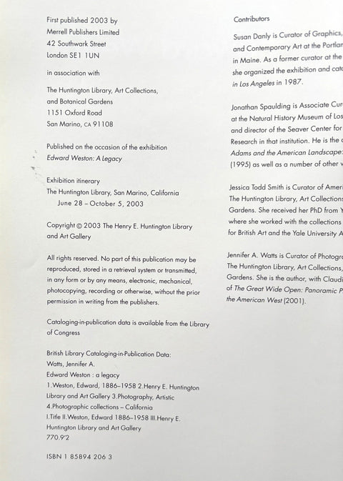 Page from a book or catalog with text on contributors, publication details, and exhibition information.
