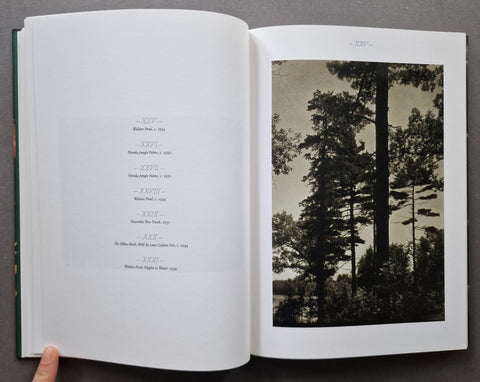 An open book showing a printed interior spread with a black-and-white photograph of tall trees on the right page and faint text on the left page. A hand is visible holding the book at the bottom left.
