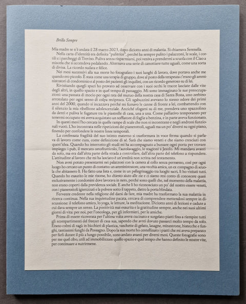 The light blue paperback cover of Brilla sempre by Matteo de Mayda with a sheet of text glue on it