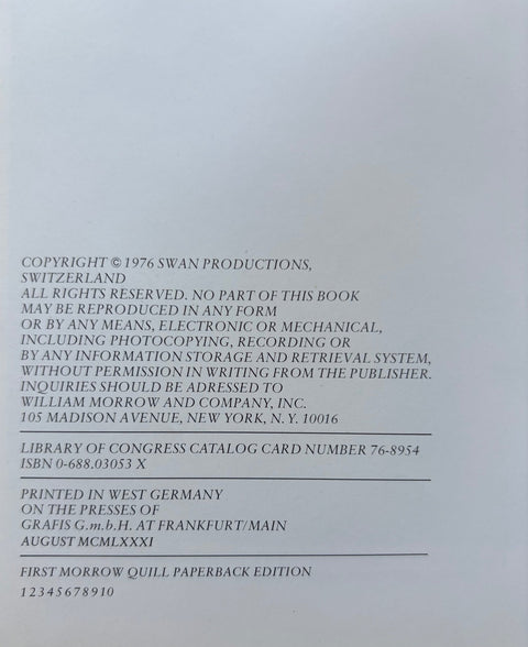 A light gray page showing printed copyright and publication details for a Swan Productions book, including publisher information, ISBN, and edition text.