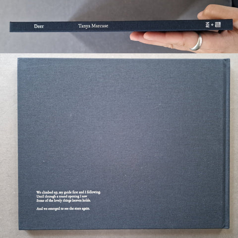 A hand holds the spine of a dark blue hardcover book labeled 'Deer' and 'Tanya Marcuse' against a neutral gray background, with the full front cover of the book displayed below.
