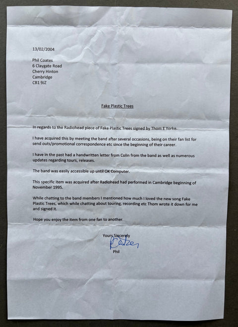 Fake Plastic Trees lyrics, written and signed by Thom Yorke
