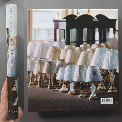 A hardcover book titled 'Family Business' by Mitch Epstein, held upright next to its cover. The cover features a photograph of numerous table lamps with light blue and beige fringed shades on gold bases, set in a room with a dark wooden headboard.