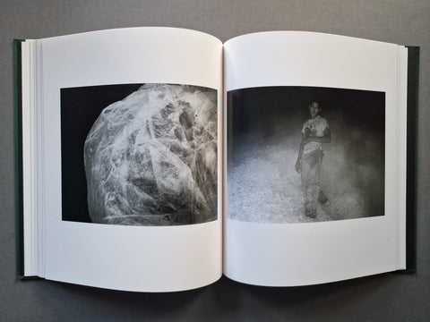 An open hardcover book, showing two printed black-and-white photographs on the pages: a close-up textured scene on the left and a standing figure in a misty scene on the right.