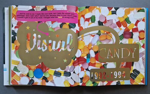 An open book pages featuring a colorful collage of candy and pills, with layered paper cutouts reading 'Visual' and 'CANDY' and the years '1992-1994'.