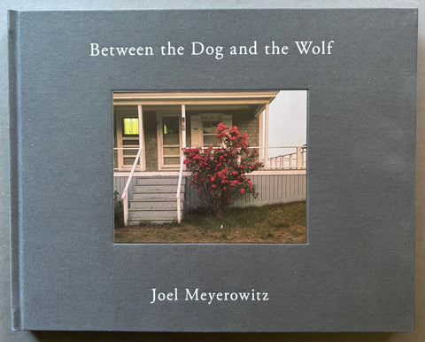 Book titled 'Between the Dog and the Wolf' by Joel Meyerowitz with a grey cover featuring the image of a flowering shrub outside of a wooden house.