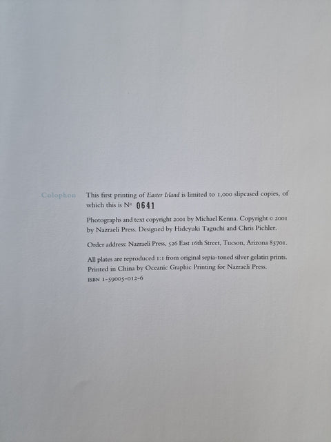 copyright page of Kenna's Easter Island indicating that this copy is number 641