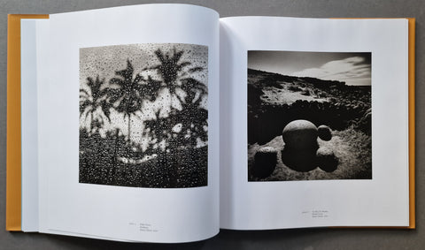An open art book, showing two black-and-white photographic prints: a textured palm tree scene on the left page and a landscape with rounded stone forms on the right page.
