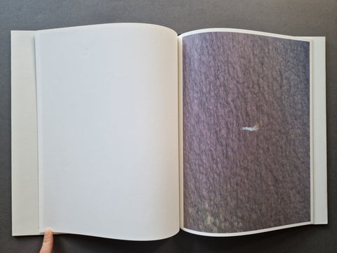 A book spread showing a large-scale negative of a person in the water on the right page