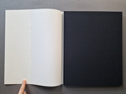 An open hardcover book , showing blank white interior pages on the left and a textured black cover on the right. A finger is visible at the bottom left holding the pages open.