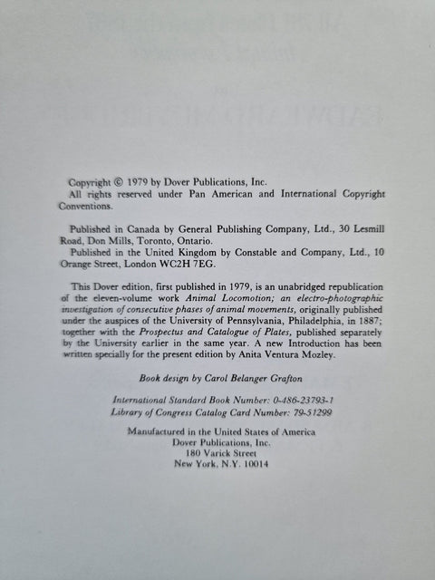 A scanned book cover page showing copyright and publication details for 'Animal Locomotion' by Carol Belanger Grafton, published by Dover Publications, Inc.