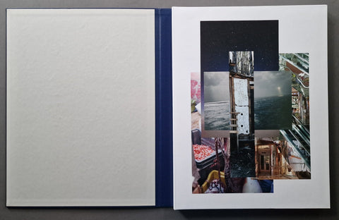 An open art book The left page is blank with a textured off-white paper and a dark blue binding strip.