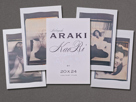 A set of five prints arranged on a dark gray background, with the center print featuring the text 'Nobuyoshi ARAKI KaoRi BY 20X24 INSTANT FILM'.