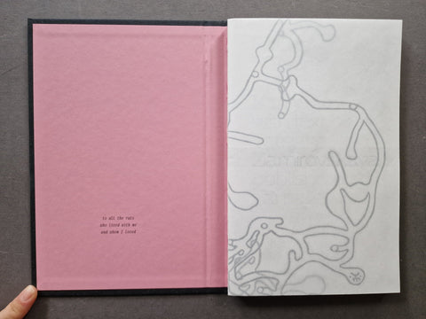 An open book - the left page is a solid pink cover with small black text near the bottom, and the right page is white with a faint gray abstract line drawing.