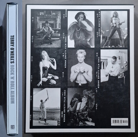 Terry O'Neill's Rock 'N' Roll Album box set, featuring the front cover with a black-and-white collage of photos framed by film strip graphics, alongside the spine on the left.
